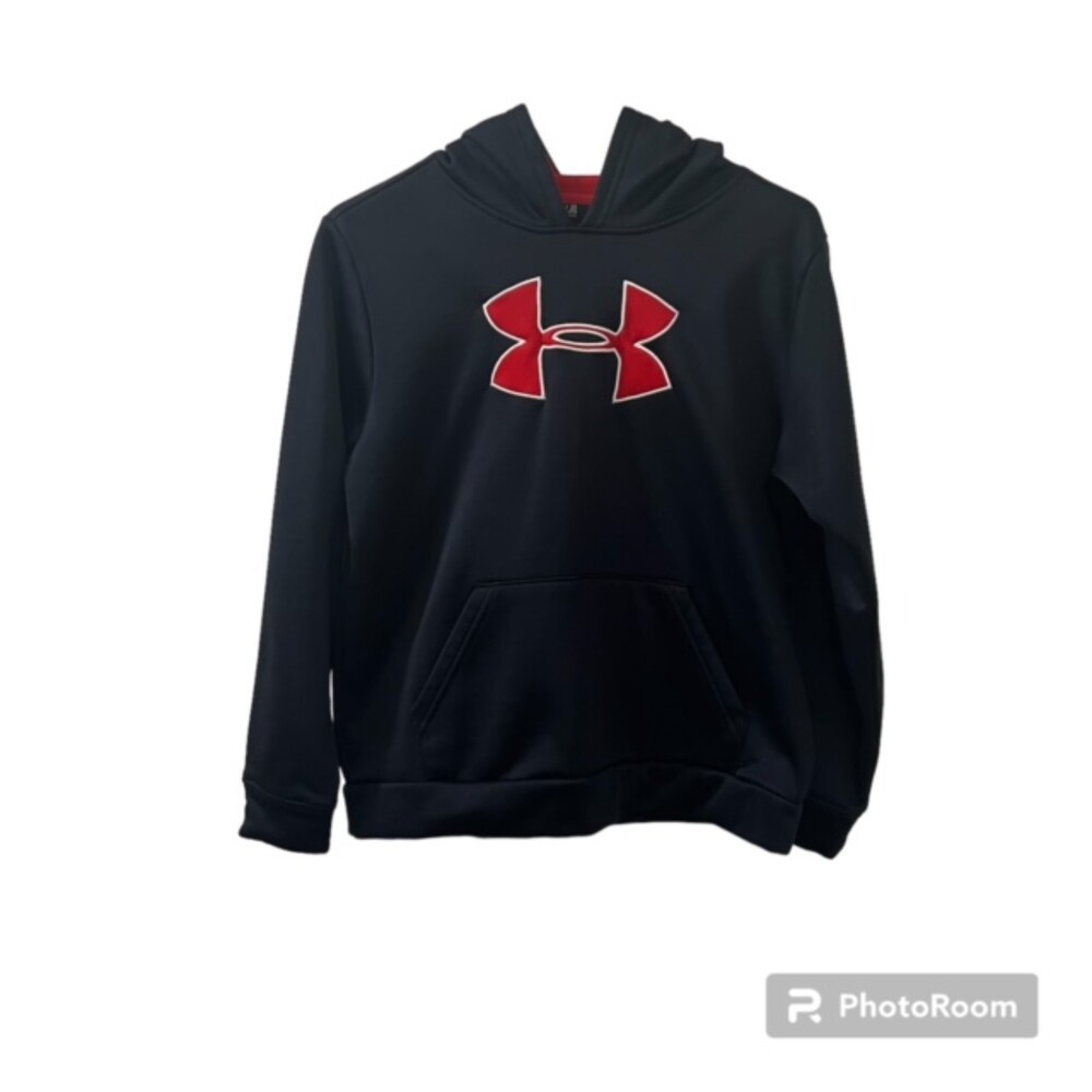 Under Armour Storm Boys Black Red Logo Fleece Hoodie Youth L YLG
